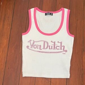 Von Dutch Pink and White Bedazzled Rhinestone Ribbed Tank XS